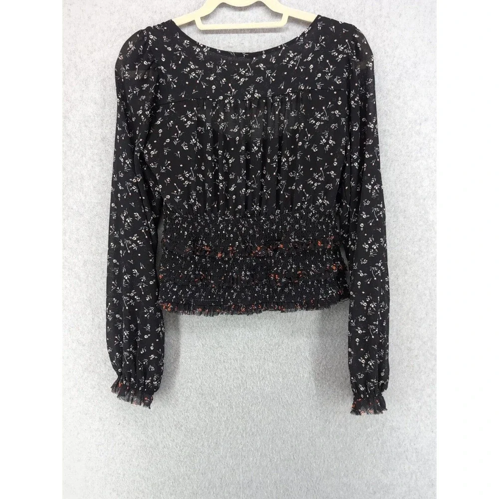 Free People Women's Black Floral Smocked Printed Lolita‎ Blouse Top Size S